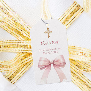 First Communion blush pink bow cross girl DIY Gift Tags