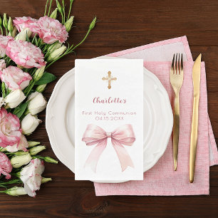 First Communion blush pink bow cross Napkin