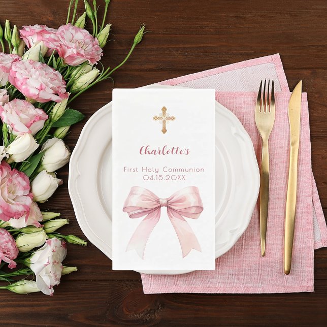 First Communion blush pink bow cross Napkin (Creator Uploaded)