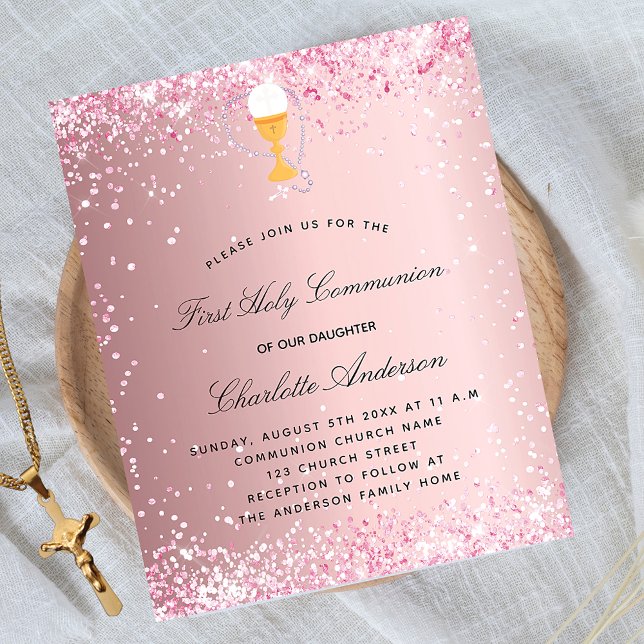 First communion blush pink budget invitation flyer (Creator Uploaded)