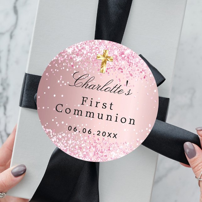 First communion blush pink confetti girl classic round sticker (Creator Uploaded)