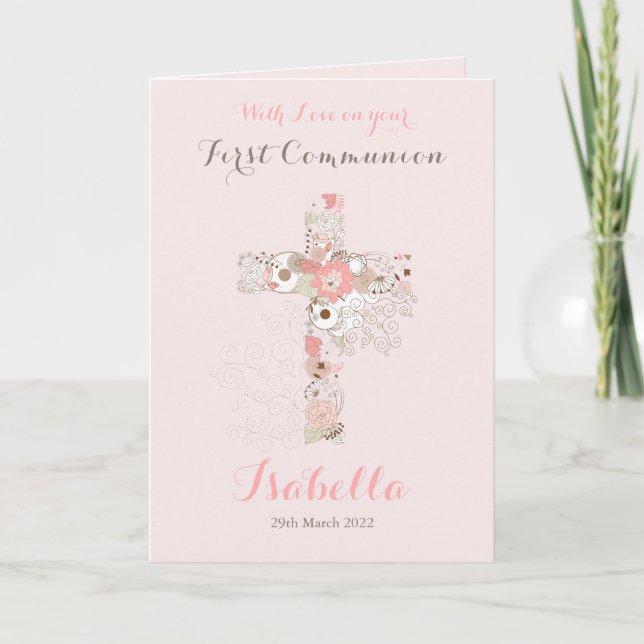 First communion blush pink floral cross name  card (Front)