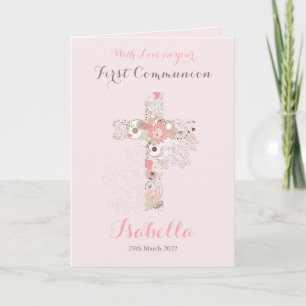 First communion blush pink floral cross name card