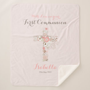 First communion blush pink floral cross name sherpa blanket
