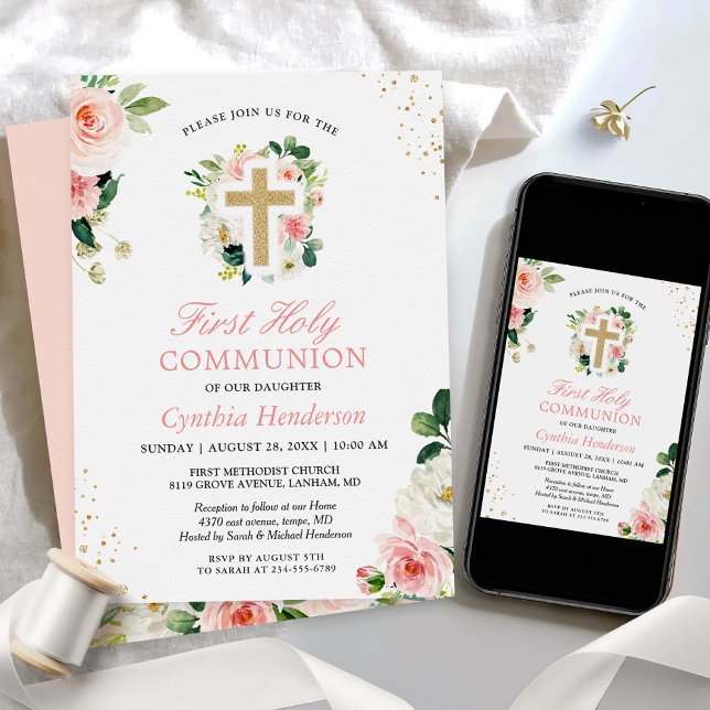 First Communion Blush Pink Floral Gold Glitters Invitation (Creator Uploaded)