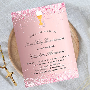 First communion blush pink glitter chalice invitation postcard