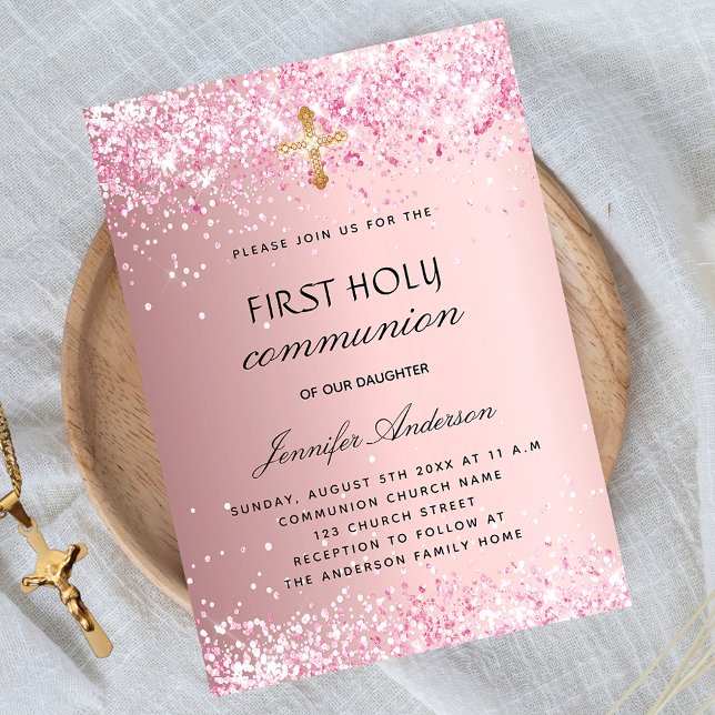 First communion blush pink glitter girl invitation postcard (Creator Uploaded)