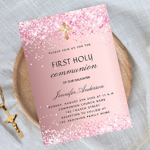 First communion blush pink glitter luxury invitation