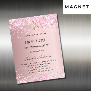 First communion blush pink glitter luxury magnetic invitation