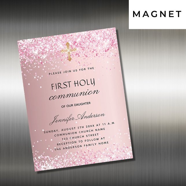 First communion blush pink glitter luxury magnetic invitation (Creator Uploaded)