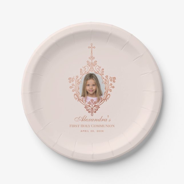 First Communion Blush Pink Rose Gold Girl Photo Paper Plate (Front)