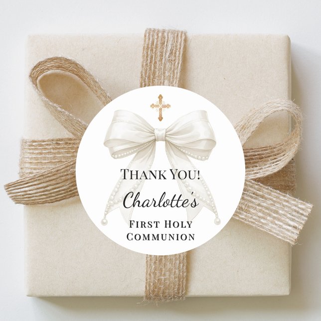 First Communion bow ivory pearls cross thank you Classic Round Sticker (Creator Uploaded)