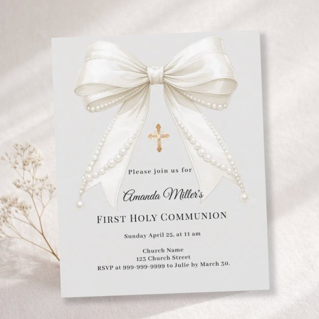 First Communion bow ivory pearls gray invitation (Creator Uploaded)