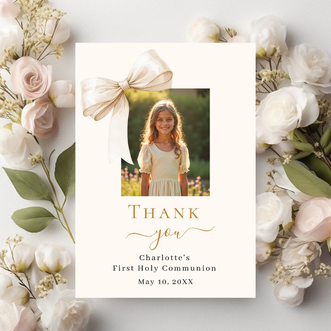 First Communion bow photo cream Thank You Card (Creator Uploaded)