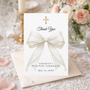 First Communion bow white ivory pearls girl Thank You Card