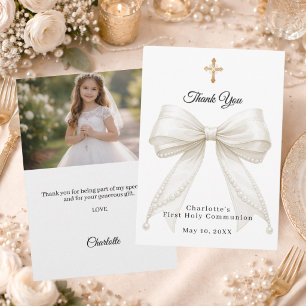 First Communion bow white ivory pearls photo Thank You Card