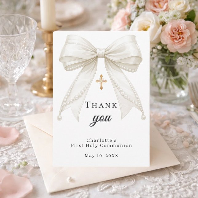 First Communion bow white ivory pearls Thank You Card (Creator Uploaded)