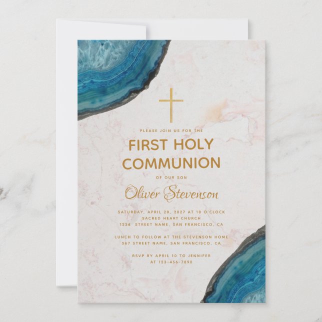 First Communion Boy Blue Geode Marble Gold Cross Invitation (Front)
