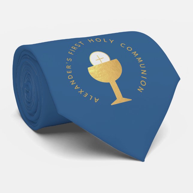 First Communion Boy Classic Blue Faux Gold Chalice Tie (Rolled)