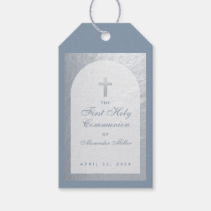 First Communion Boy Dusty Blue Faux Silver Arch  Gift Tags