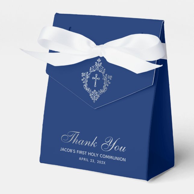 First Communion Boy Royal Blue Faux Silver Crest Favour Box (Front Side)