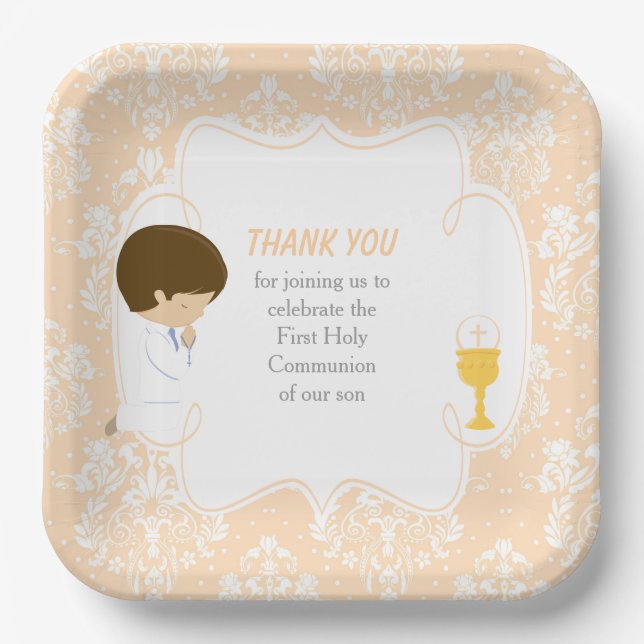 First Communion Brunette Boy Beige Damask Paper Plate (Front)