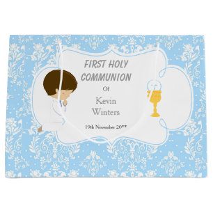 First Communion Brunette Boy Blue Damask Large Gift Bag