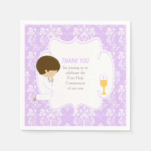 First Communion Brunette Boy Purple Damask Napkin (Front)