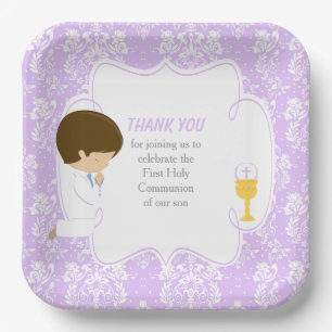 First Communion Brunette Boy Purple Damask Paper Plate