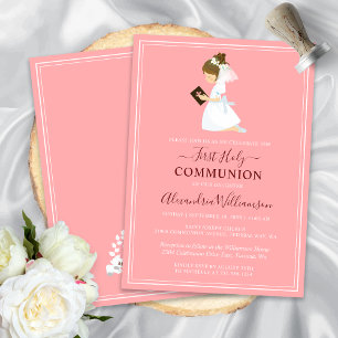 First Communion Brunette Girl Peach Pink Invitation