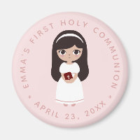 First Communion Brunette Girl Pink Cute Catholic
