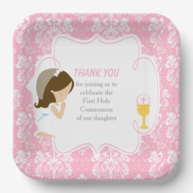 First Communion Brunette Girl Pink Damask Paper Plate (Front)