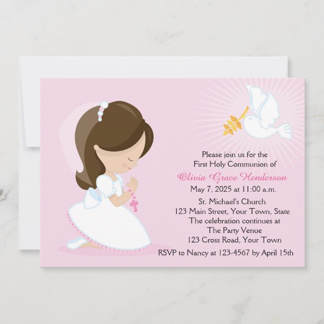 First Communion, Brunette Girl, Pink Invitation (Front)
