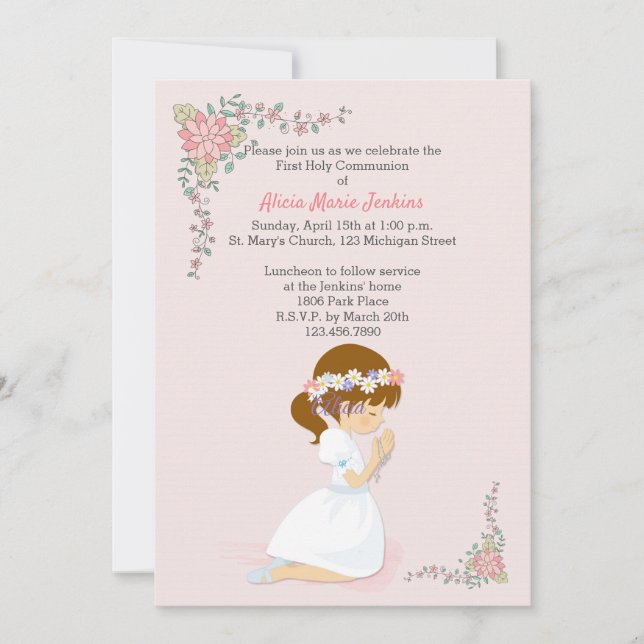 First Communion Brunette Girl Pink Invitation (Front)