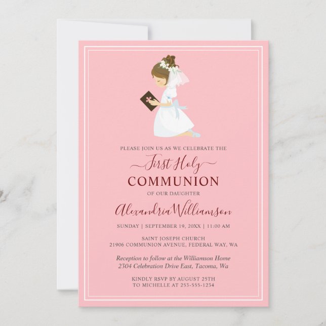 First Communion Brunette Girl Pink Invitation (Front)