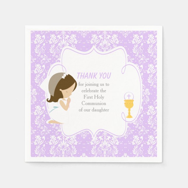 First Communion Brunette Girl Purple Damask Napkin (Front)