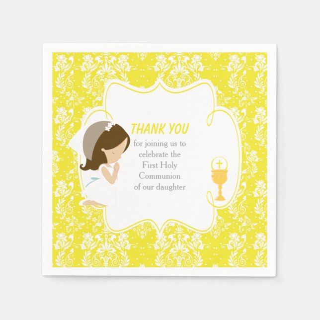 First Communion Brunette Girl Yellow Damask Napkin (Front)
