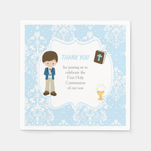 First Communion Brunette Hair Boy Thank You Napkin