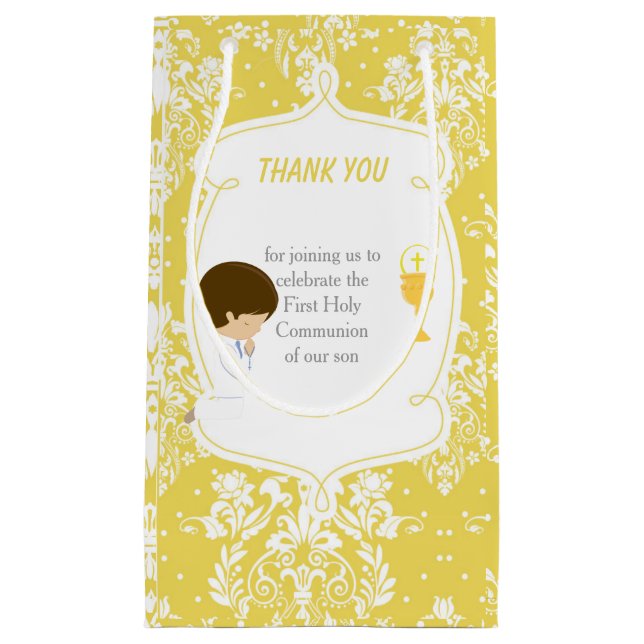 First Communion Brunette Hair Boy Thank You Small Gift Bag (Front)