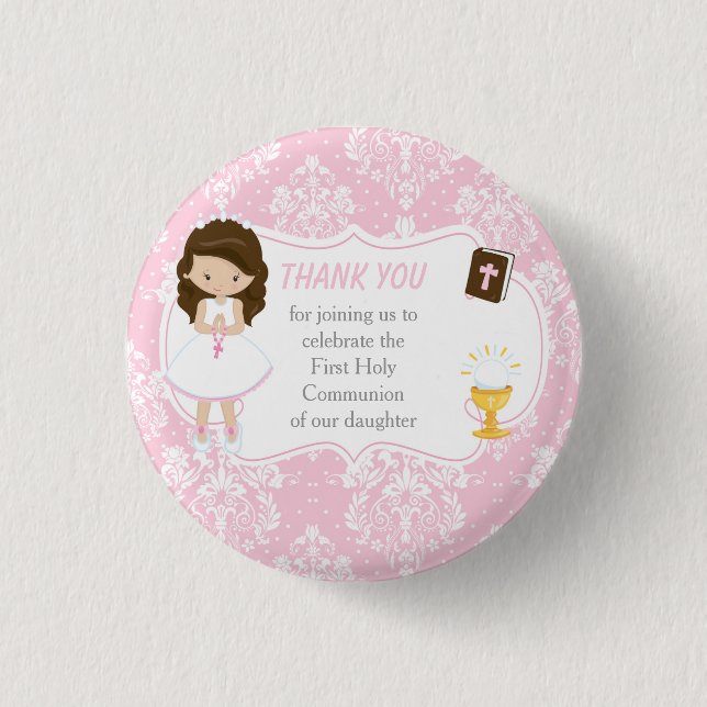 First Communion Brunette Hair Girl Thank You 3 Cm Round Badge (Front)