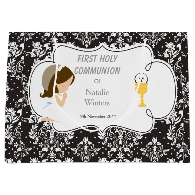 First Communion Brunette Hair Girl Thank You Large Gift Bag (Front)