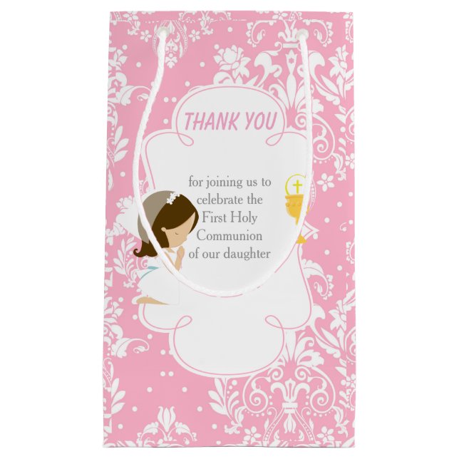 First Communion Brunette Hair Girl Thank You Small Gift Bag (Front)