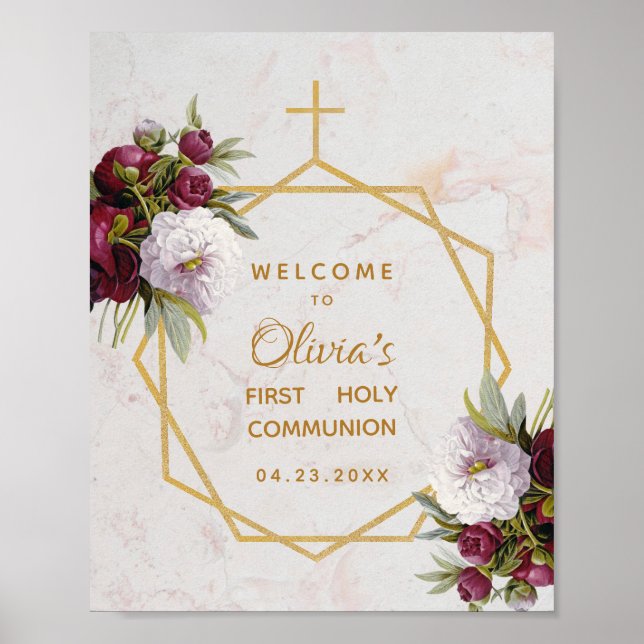 First Communion Burgundy Peonies on Marble Welcome Poster (Front)