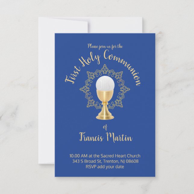 First Communion Catholic boy blue background Invitation (Front)
