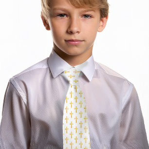 First Communion Catholic Cross Faux Gold Pattern Tie