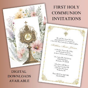 First Communion Catholic Monstrance Floral  Invitation