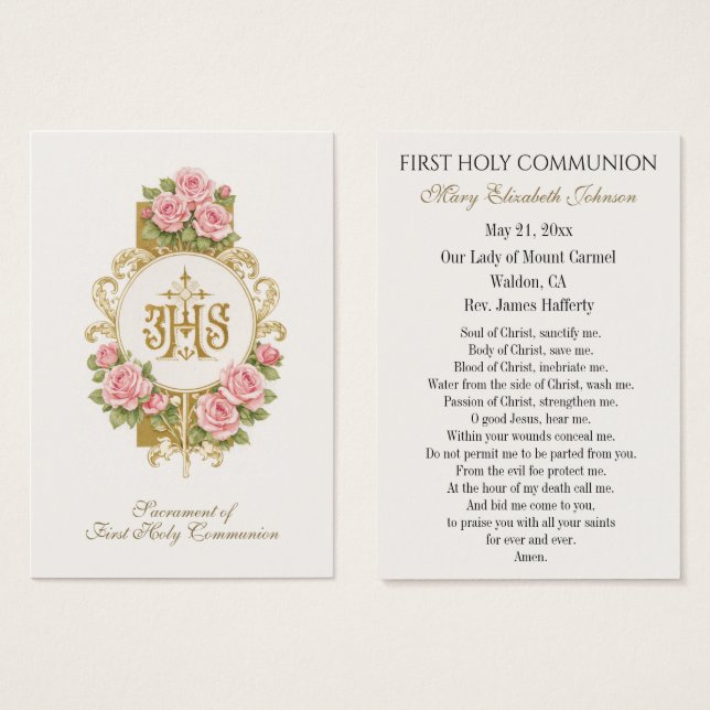 First Communion Catholic Remembrance Holy Card (Front & Back)