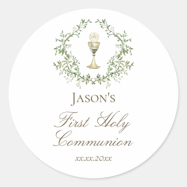 First Communion chalice crest greenery Classic Round Sticker (Front)
