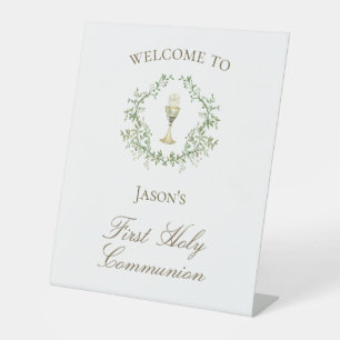 First Communion chalice crest greenery Pedestal Sign