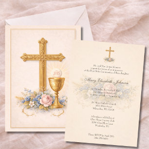 First Communion Chalice Host Floral Invitation